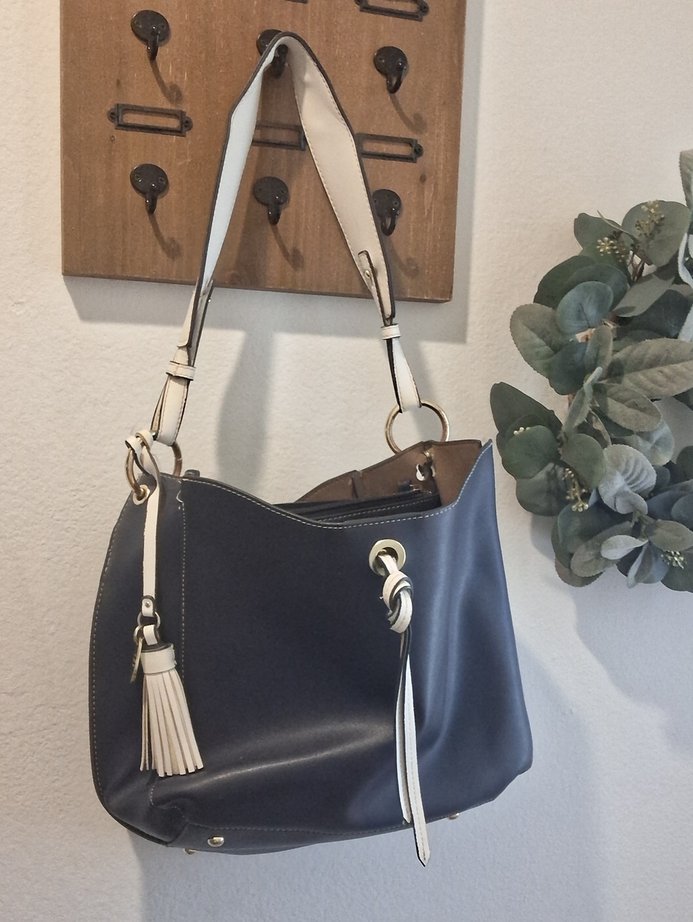 London Fog Navy and Cream Shoulder Tote with Tassel Accent